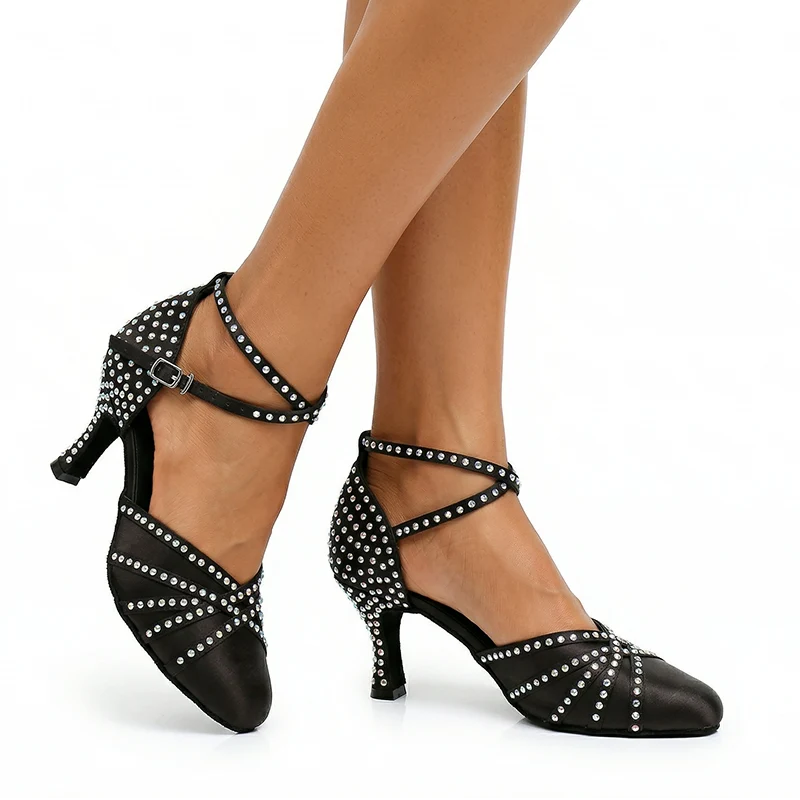 DS Women's Black Satin Customized Heel Ballroom Dance Shoes