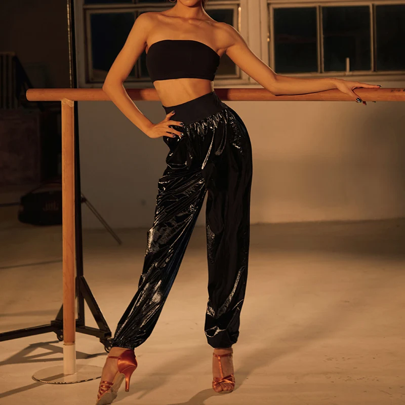 Z Women's Black Glossy High Waist Pants Latin Dance Wear Training Performance Pants