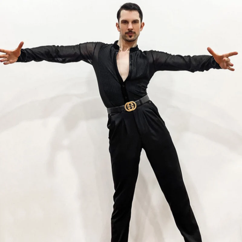 YJFY Men's Long Sleeve V Neck Latin Dance Tops Dance Wear
