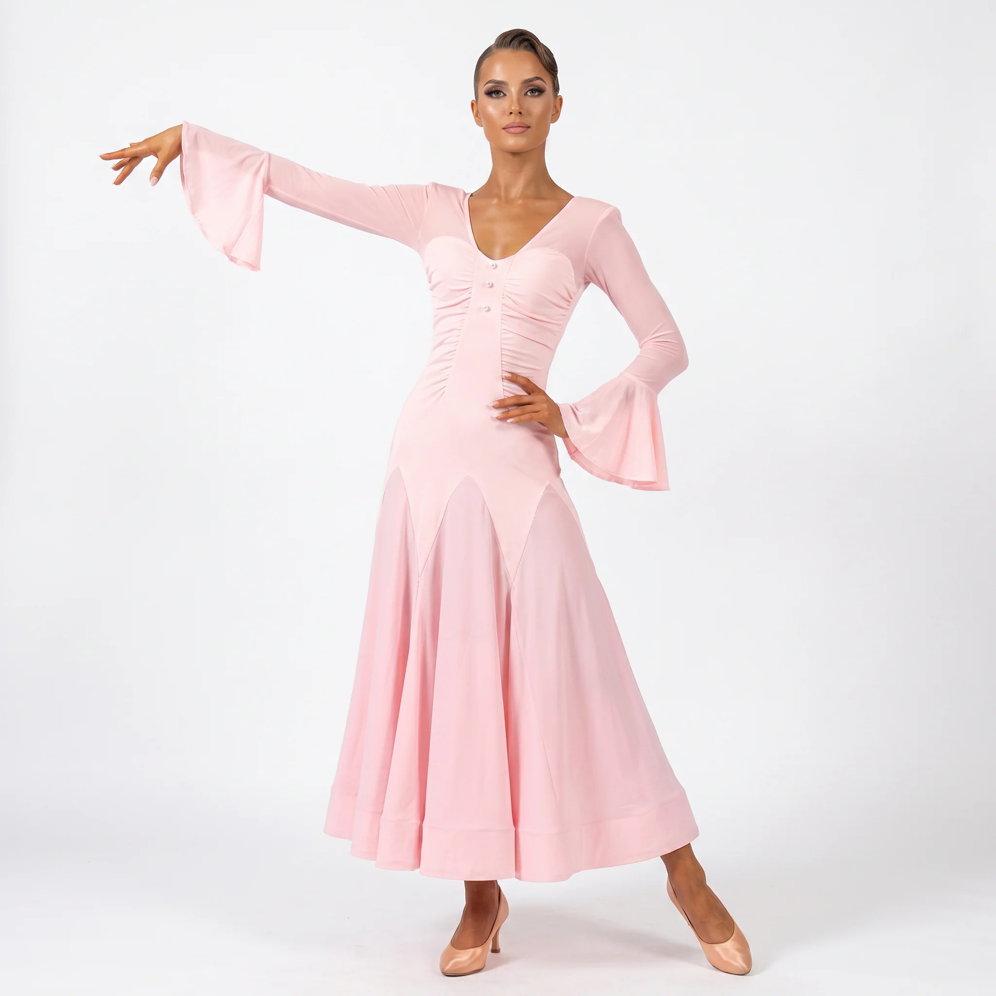 Customisable-Women's Pink V-neck Long Sleeve DanceWear Ballroom Dance Dress