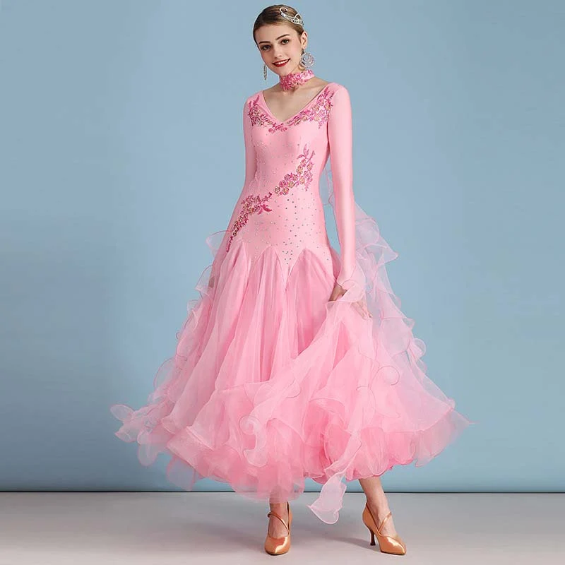 Women's Long Sleeve Waltz Modern Ballroom Dance Dress Competition Dresses