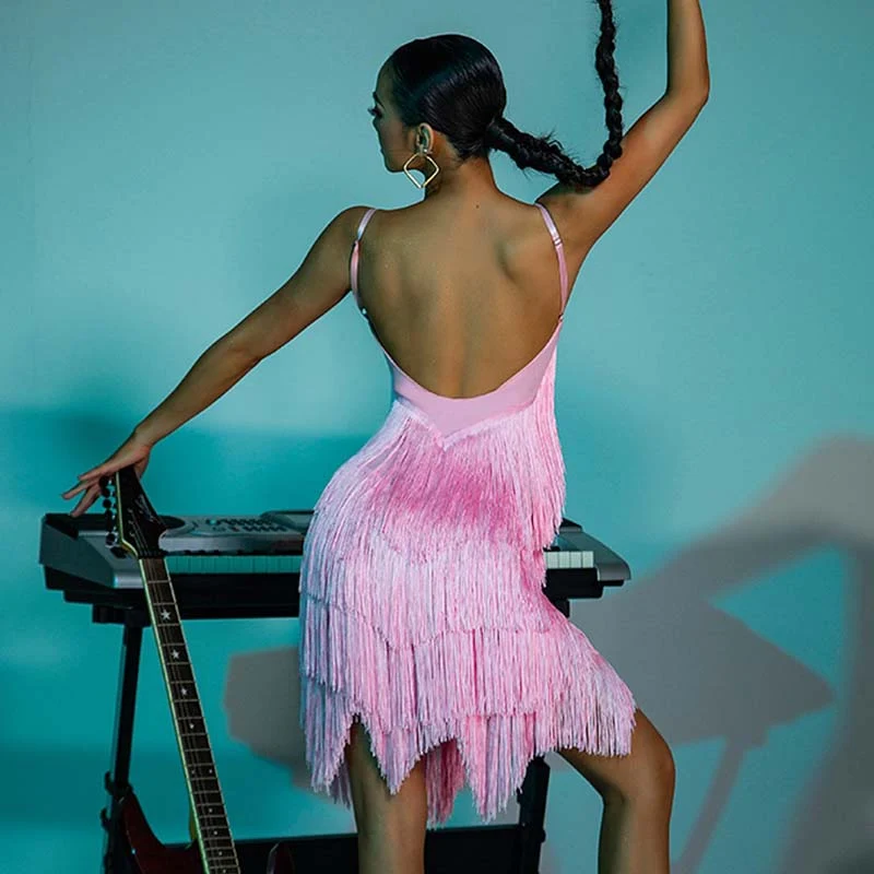 WJJ Women's Pink Tassel Latin Dress Dance Wear Training Performance Dress