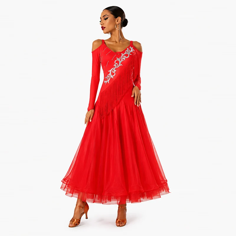 Customisable-Women's Long Sleeve Red Tassel Modern Dance Performance Dress Ballroom Dance Dress