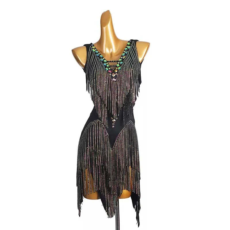 YZY Customisable-Women's Black Sleeveless Tassel DanceWear Dance Dress Performance Wear