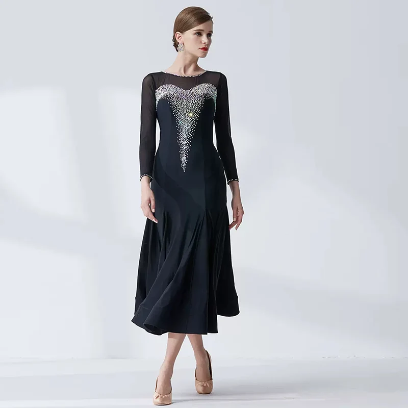YUN Customisable-Women's Long Sleeve Mesh Diamonds Dress For Ballroom Dancing standard/Smooth Dress