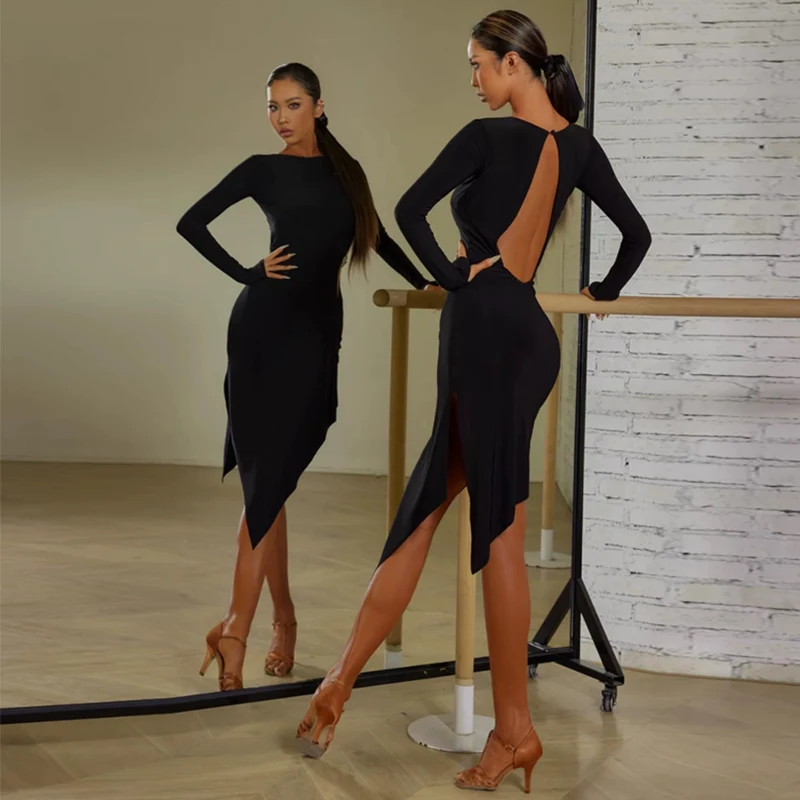 Z Women's Black Round Neck Long Sleeve Backless Elegant Dance Dress Dance Wear