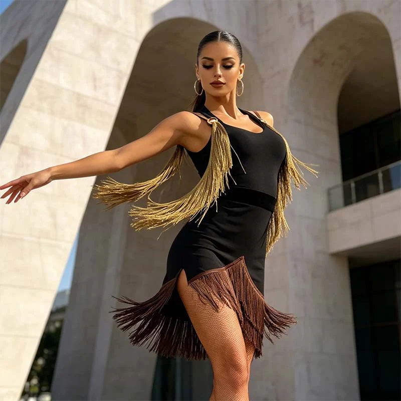 YJFY Women's Black Tassel Latin Dance Dress Dance Wear Training Performance Dress