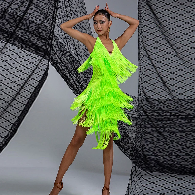 WJJ Women's Milk Silk Halter Tassel Latin Dance Dress Training Performance Dress