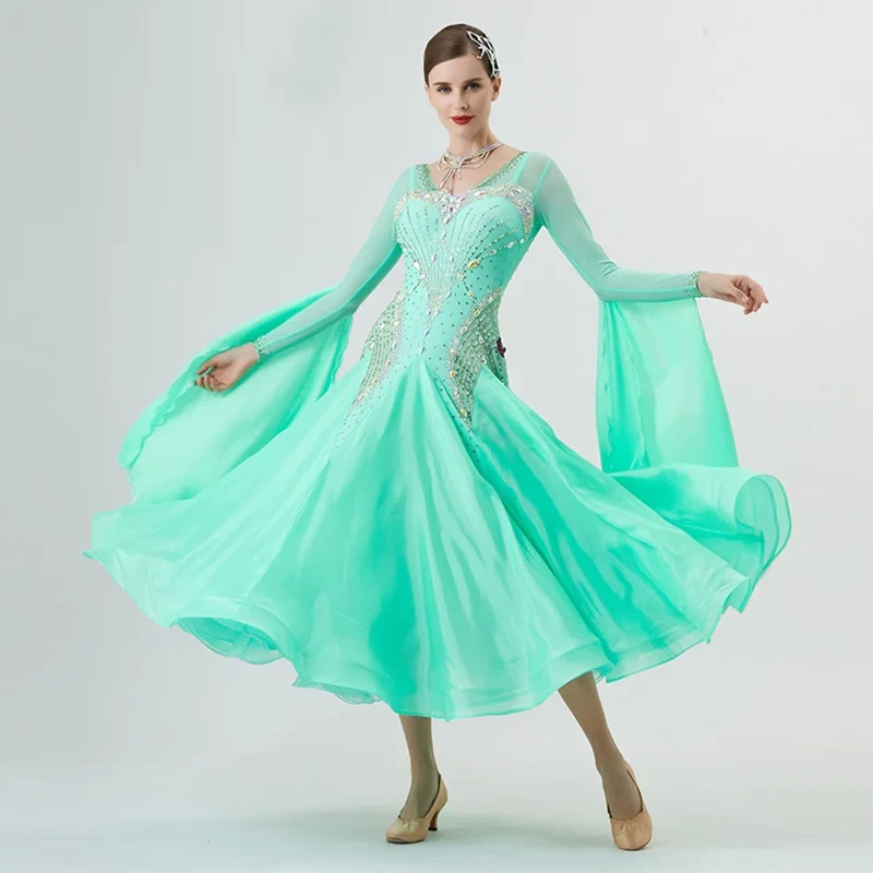 YUN Customisable-Women's Long Sleeve Backless VNeck Diamonds Dress For Ballroom Dancing Smooth Dress