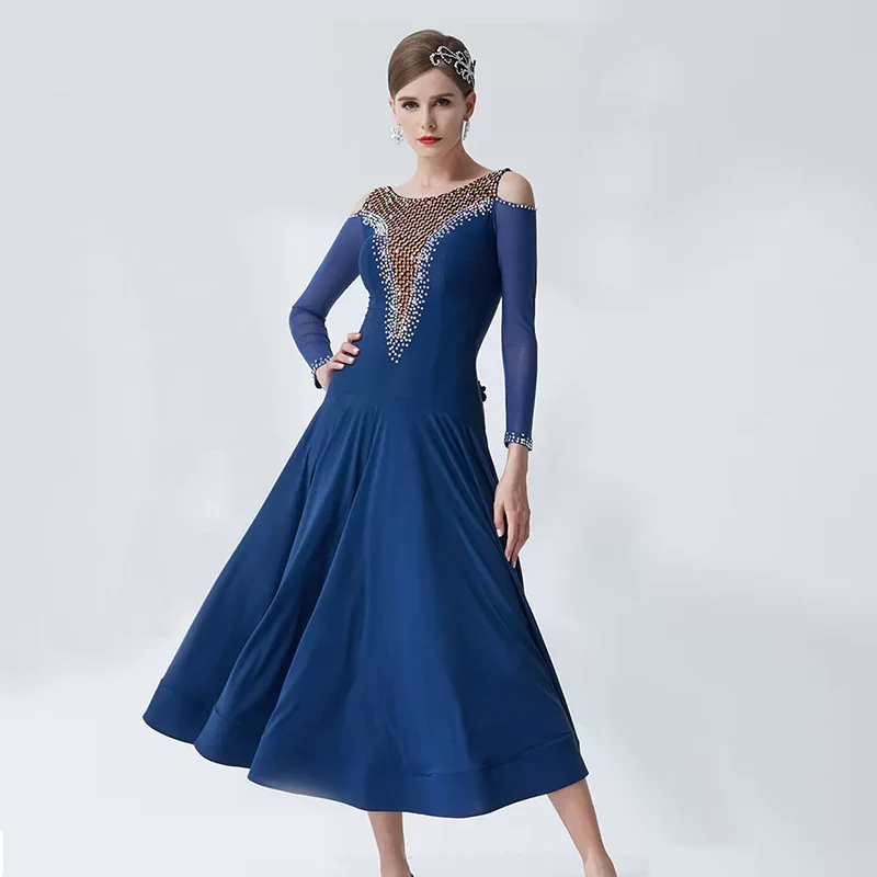 YUN Customisable-Women's Long Sleeve Applique With Diamonds Costume Dress For Ballroom Dancing standard/Smooth Dress