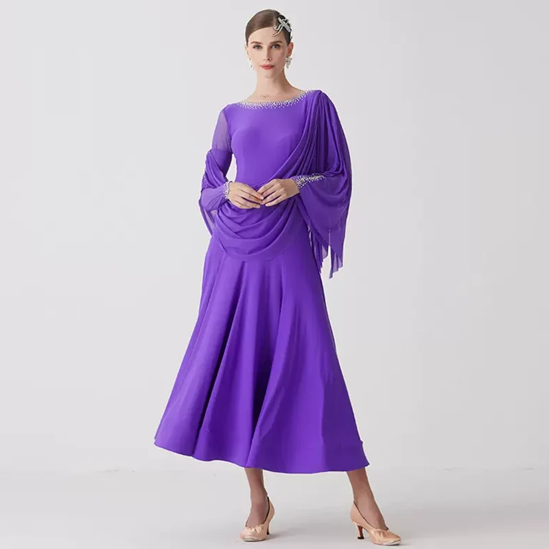 YUN Customisable-Women's Long Sleeve Mesh Round Neck Diamonds Waltz Modern Ballroom Dance Dress Competition Dresses