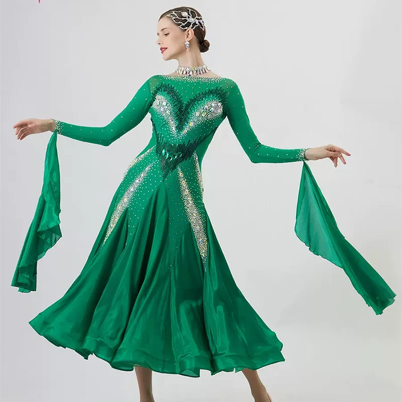 YUN Customisable-Women's Long Sleeve Backless Round Neck Diamonds Dress For Ballroom Dancing Smooth Dress