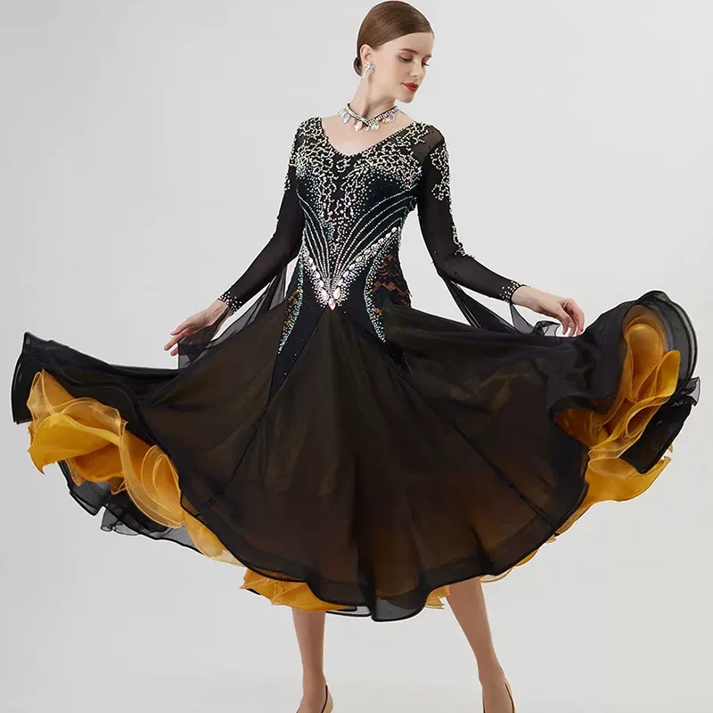 YUN Customisable-Women's Long Sleeve VNeck Backless Diamonds Dress For Ballroom Dancing Smooth Dress