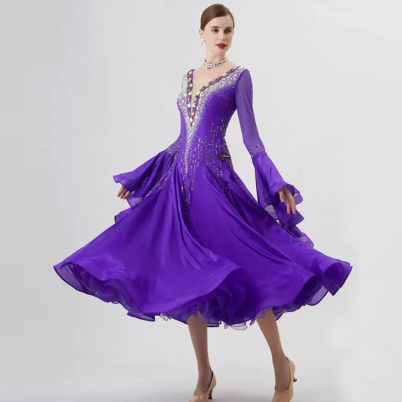 YUN Customisable-Women's Long Sleeve VNeck Backless Diamonds Dress For Ballroom Dancing Smooth Dress