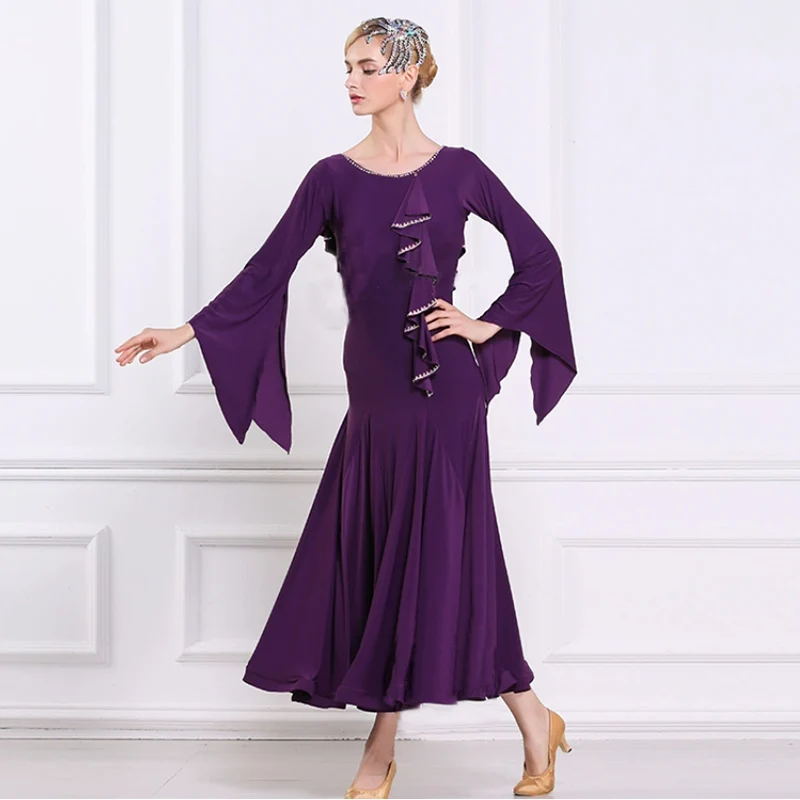 YUN Customisable-Women's Long sleeve Diamonds Waltz Modern Ballroom Dance Dress