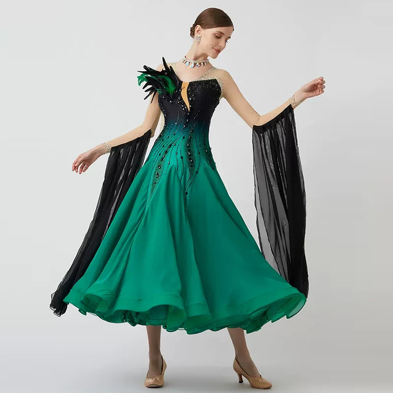 YUN Customisable-Women's Long Sleeve  V Neck Diamonds Waltz Modern Ballroom Dance Dress Competition Dresses