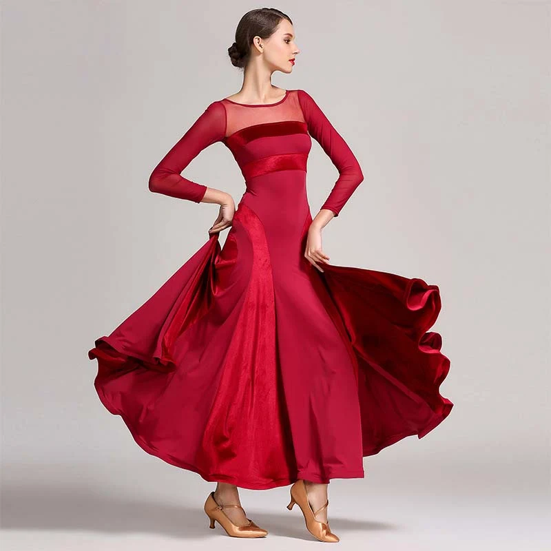 Women's Velvet Long Sleeve Modern Dance Dress Ballroom Dance Costume Training Performance