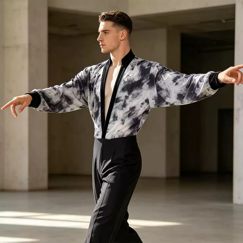 YJFY-Men's Long Sleeve V Neck Latin Dance Tops Modern Dance Bodysuit Dance Wear