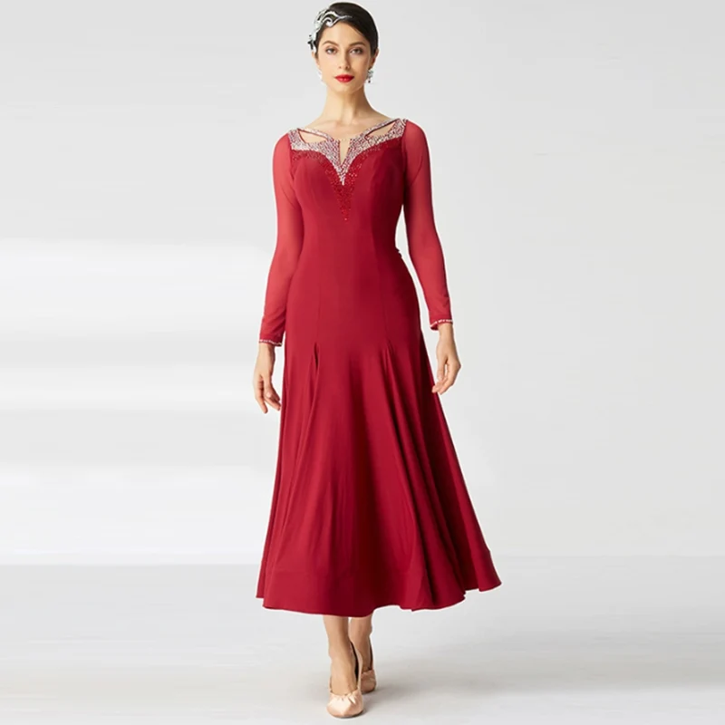 YUN Customisable-Women's Long sleeve Diamonds Dance Costume Dress For Ballroom Dancing standard/Smooth Dress