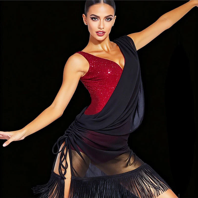 YJFY Women's Black Mesh Tassel Latin Dance Dress Dance Wear Training Performance Dress