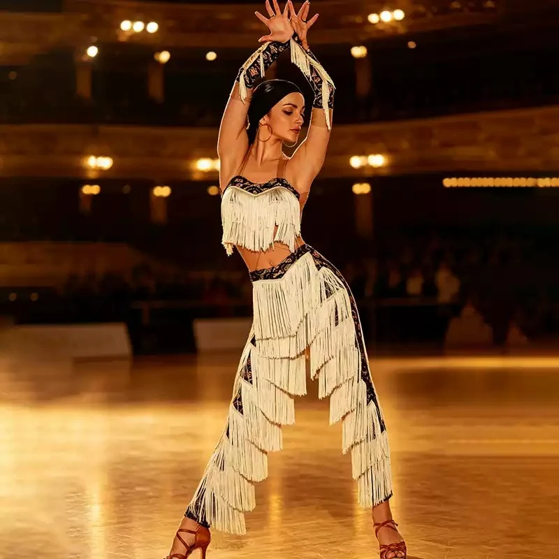 HC Women's Gold Tassel Latin Dance Set Dance Wear Training Performance Set