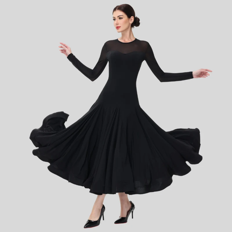 Customisable-Women's Black Long Sleeve Modern Dance Performance Dress Ballroom Dance Dress