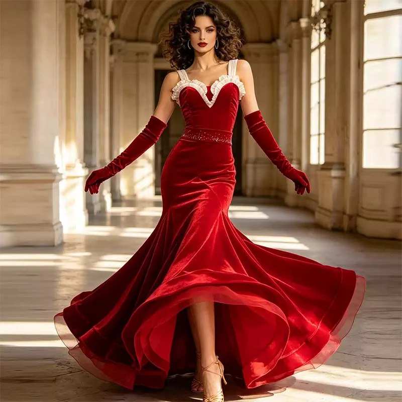 YJFY Women's Red Velvet Modern Dance Dress Ballroom Dance Costume Training Performance Dress(With Golves)