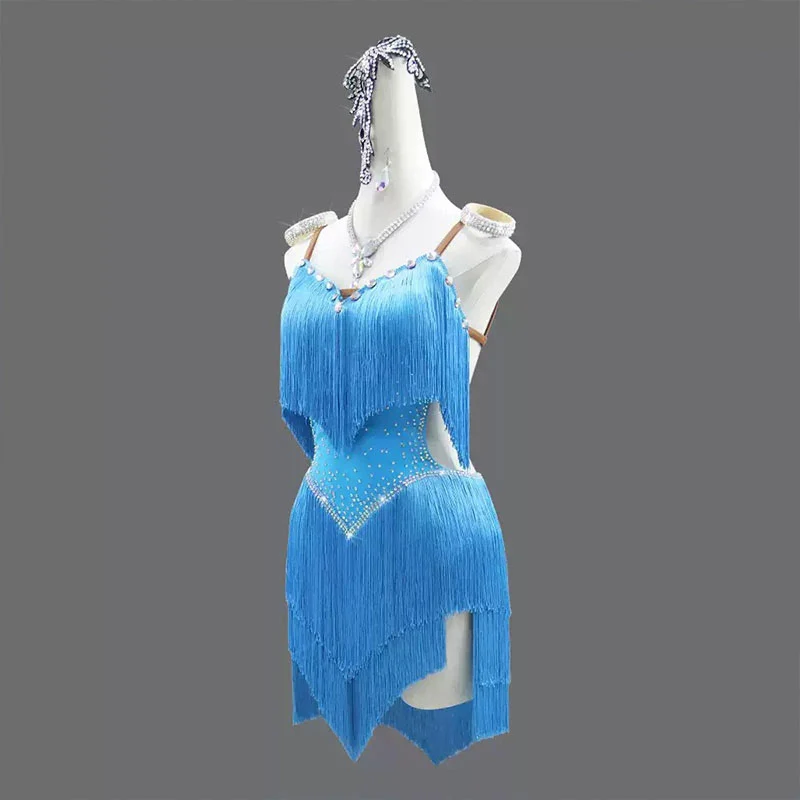 Customisable-Women's Light Blue Tassel Latin Dance Dress Professional Dance Stage Performance Wear