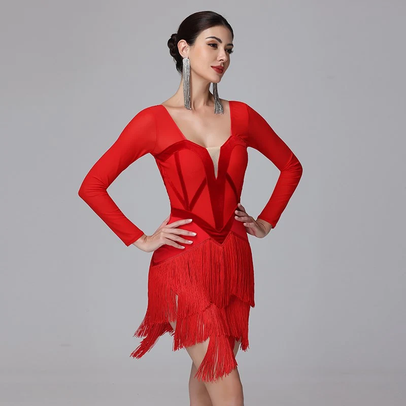 YZY Customisable-Women's Long Sleeve Tassel DanceWear Dance Dress Performance Wear