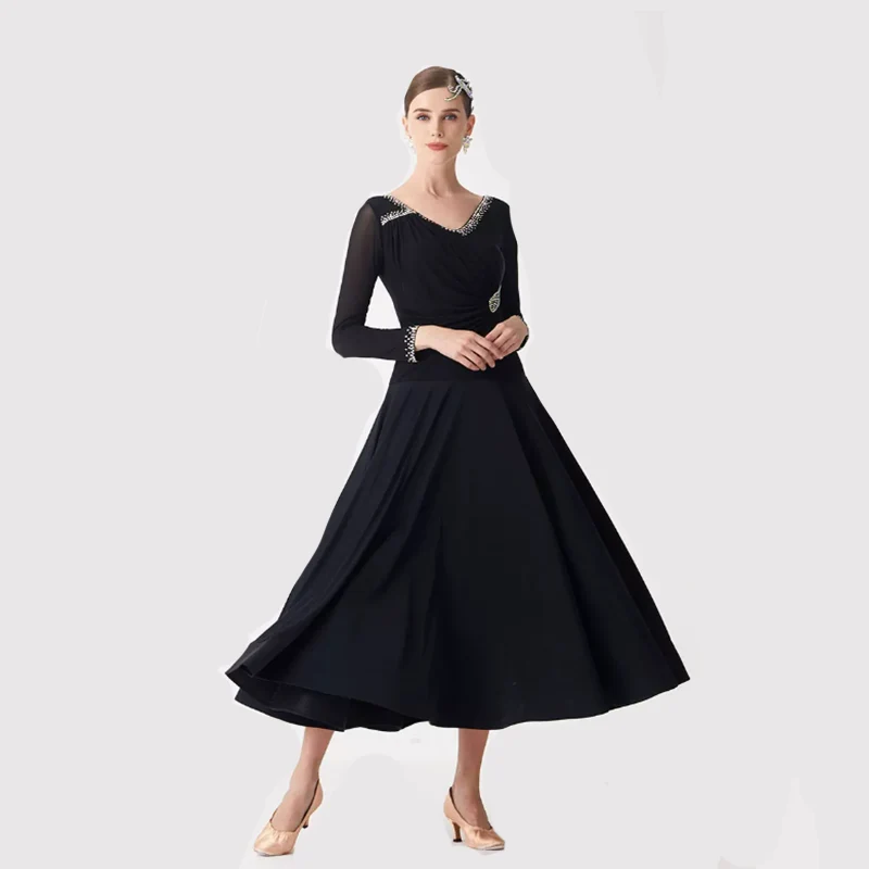 YUN Customisable-Women's Long Sleeve V-neck Diamonds Waltz Modern Ballroom Dance Dress