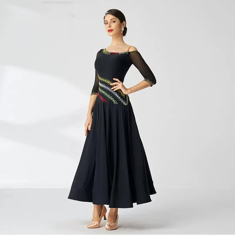 YUN Customisable-Women's Half sleeve Diamonds Dance Costume Dress For Ballroom Dancing standard/Smooth Dress