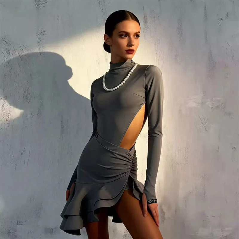 YJFY Women's Grey Backless Latin Dance Sets Dance Wear Training Performance Sets(Without Necklace)
