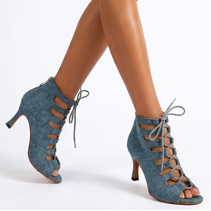 Women's Blue Denim Customized Heel Dance Boots Salsa Jazz Dance Shoes