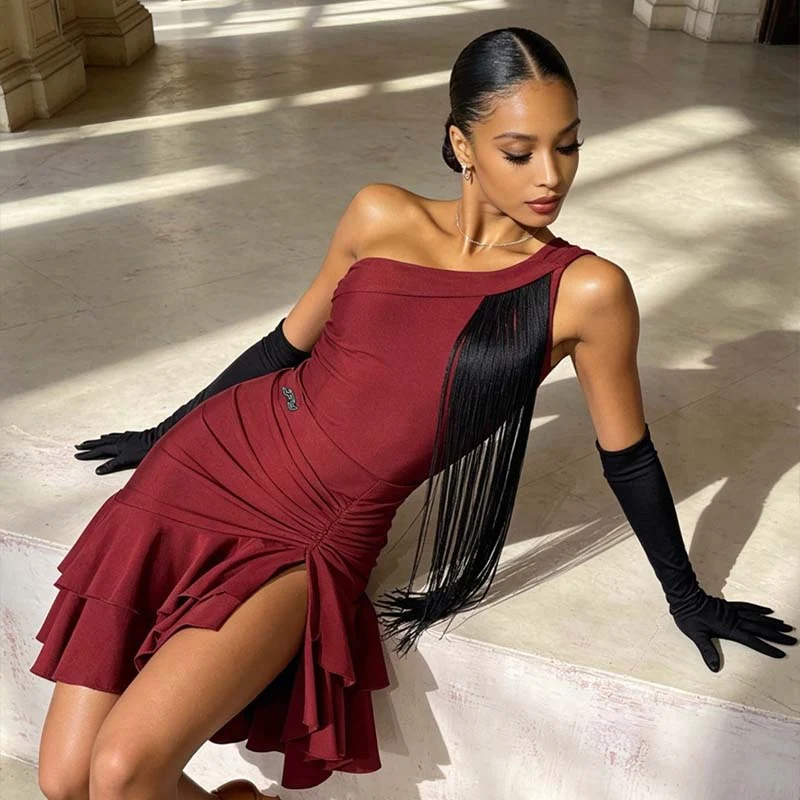 YJFY Women's Red Tassel Latin Dance Dress Dance Wear Training Performance Dress