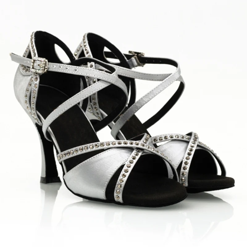 Women's Silver Customized Heel Open Toe Strappy Dance Shoes with Crystals