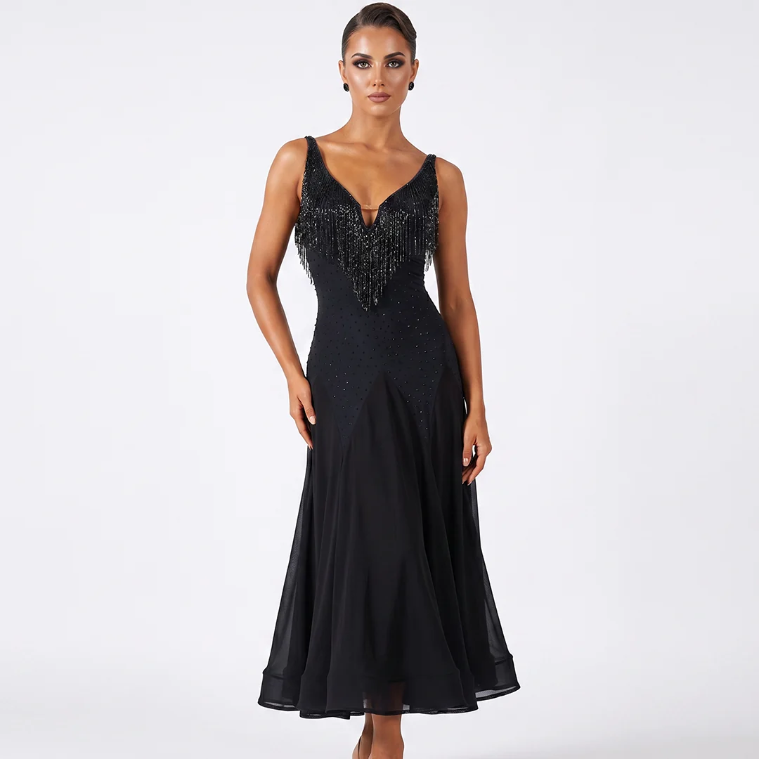 Customisable-Women's Black V-Neck DanceWear Ballroom Dance Dress