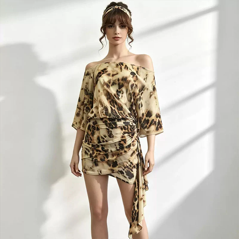 YJFY Women's Leopard Latin Dance Dress Dance Wear Training Performance Dress