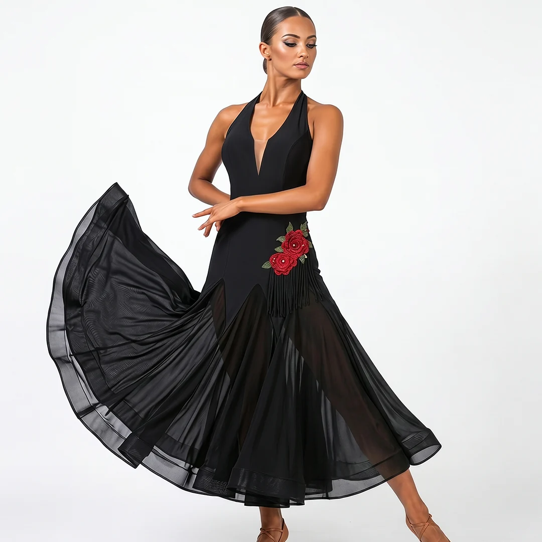 Customisable-Women's Black V-Neck DanceWear Ballroom Dance Dress