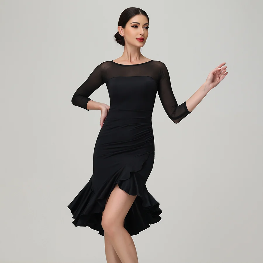 Customisable-Women's Black Long Sleeve Dance Wear Dance Dress Performance Wear