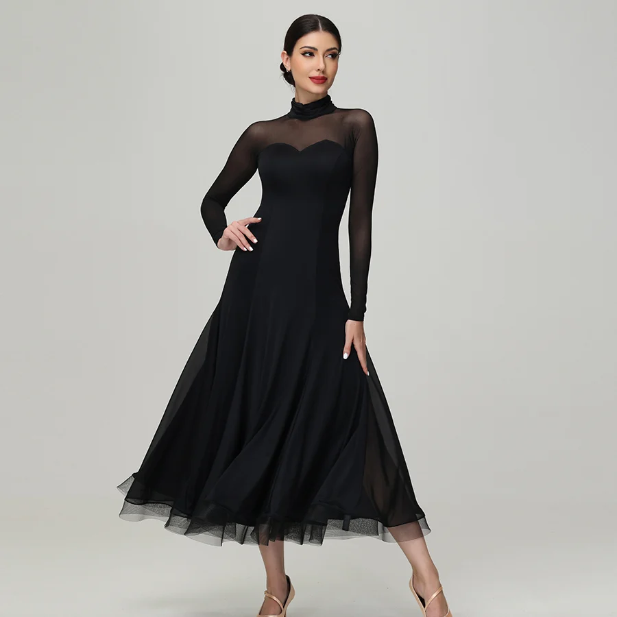 Customisable-Women's Black Long Sleeve Waltz Modern Ballroom Dance Dress Competition Dresses
