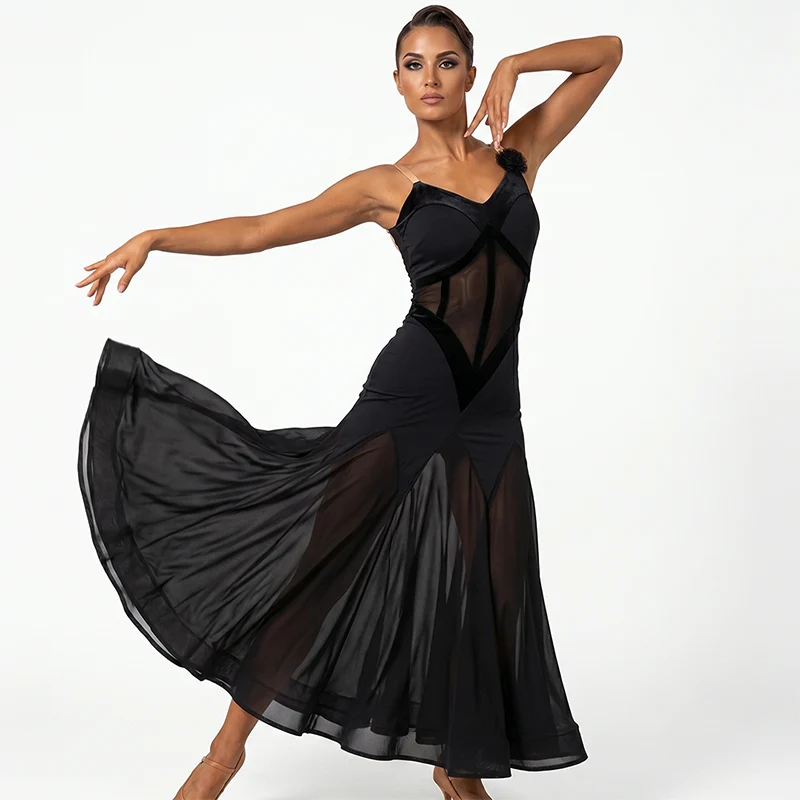 Customisable-Women's Black V-Neck Sleeveless DanceWear Ballroom Dance Dress