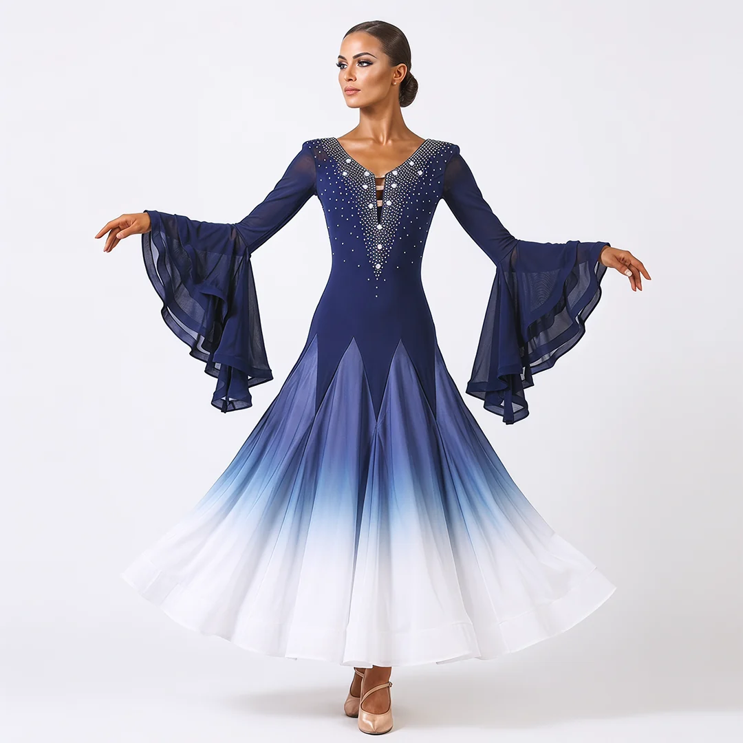 Customisable-Women's Horn Sleeve Waltz Ballroom Dance Competition Modern Dance Large Swing Dress