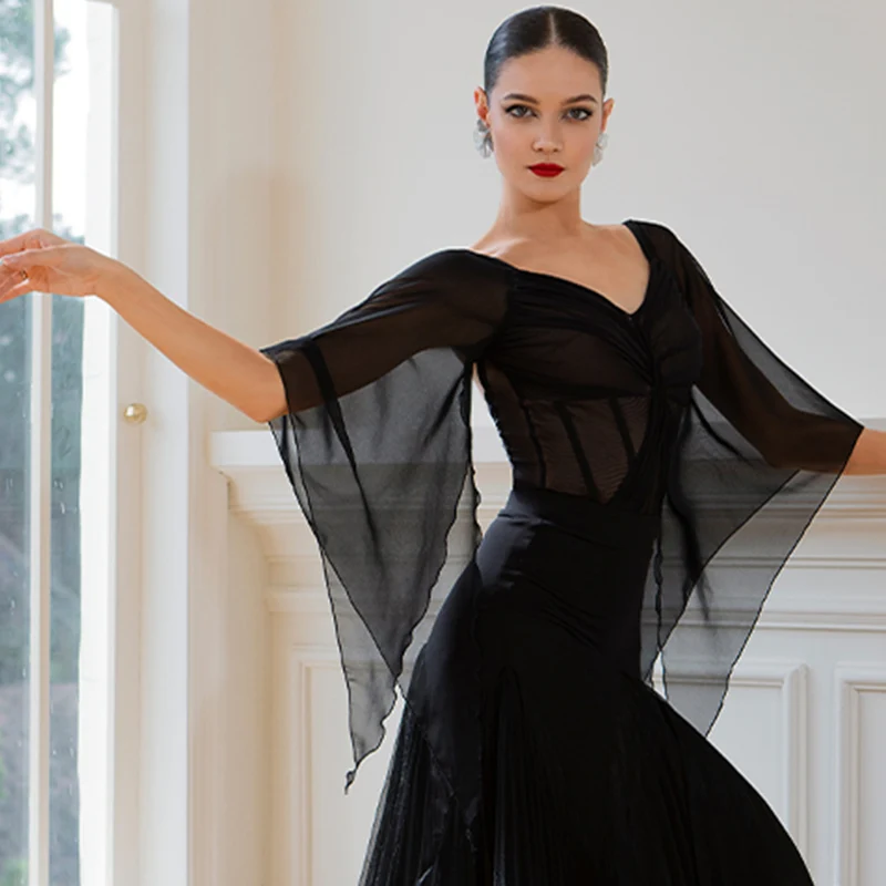 TID-Women's Black Chiffon Ballroom Bodysuit Dance Tops Dance Wear