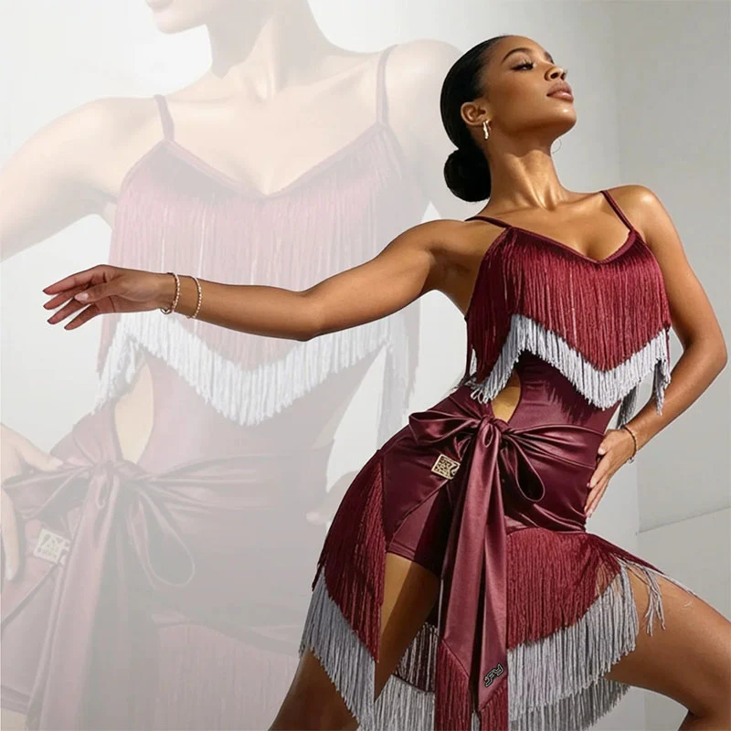 YJFY Women's Red Tassel Latin Dance Dress Dance Wear Training Performance Dress