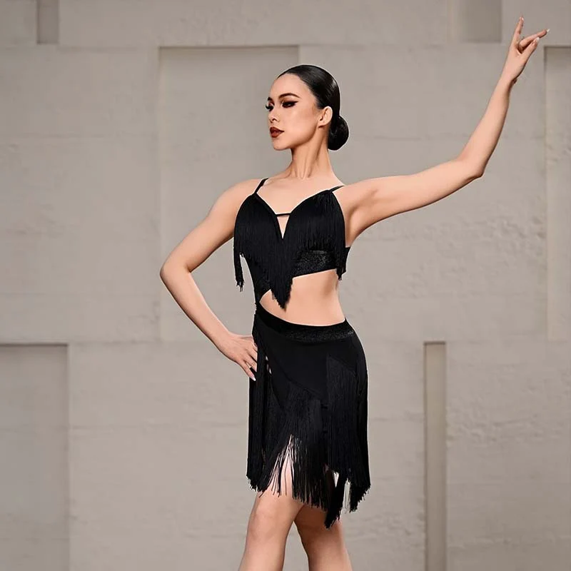 UDANCE Women's Black Tassel Sleeveless Latin Dance Dress Dance Wear Training Performance Dress