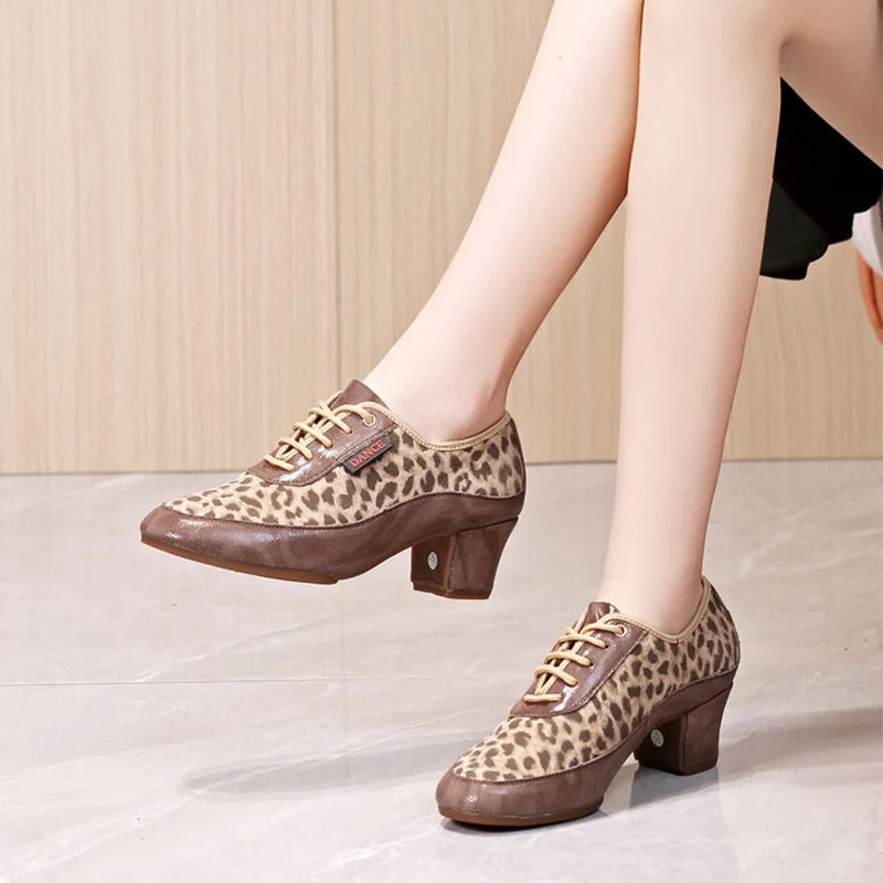 KCDANCE Women's Leopard Print Leatherette 5cm Heel Modem With Lace-up Teaching & Practice Dance Shoes Ballroom Dance Shoes