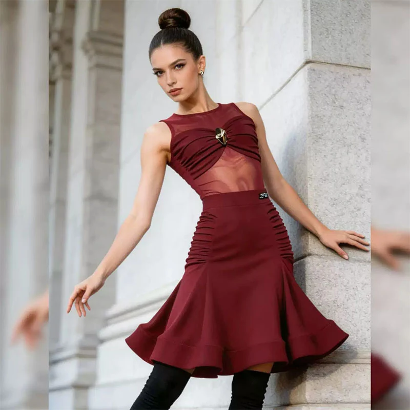 YJFY Women's Dark Red Latin Dance Sets Dance Wear Training Performance Dress Sets(Without Golves)