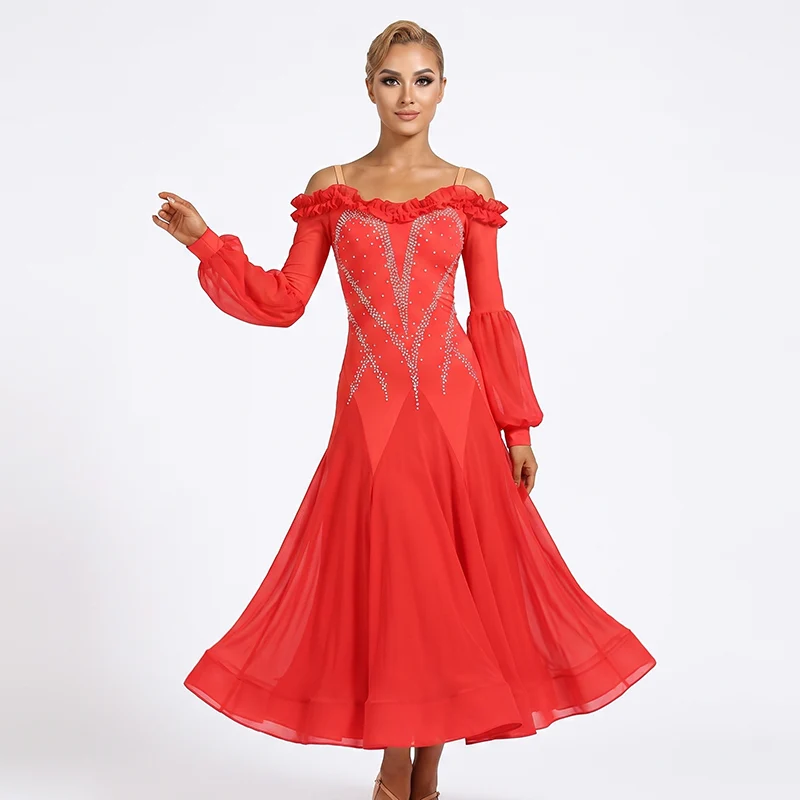 Customisable-Women's Red Long Sleeve DanceWear Ballroom Dance Dress