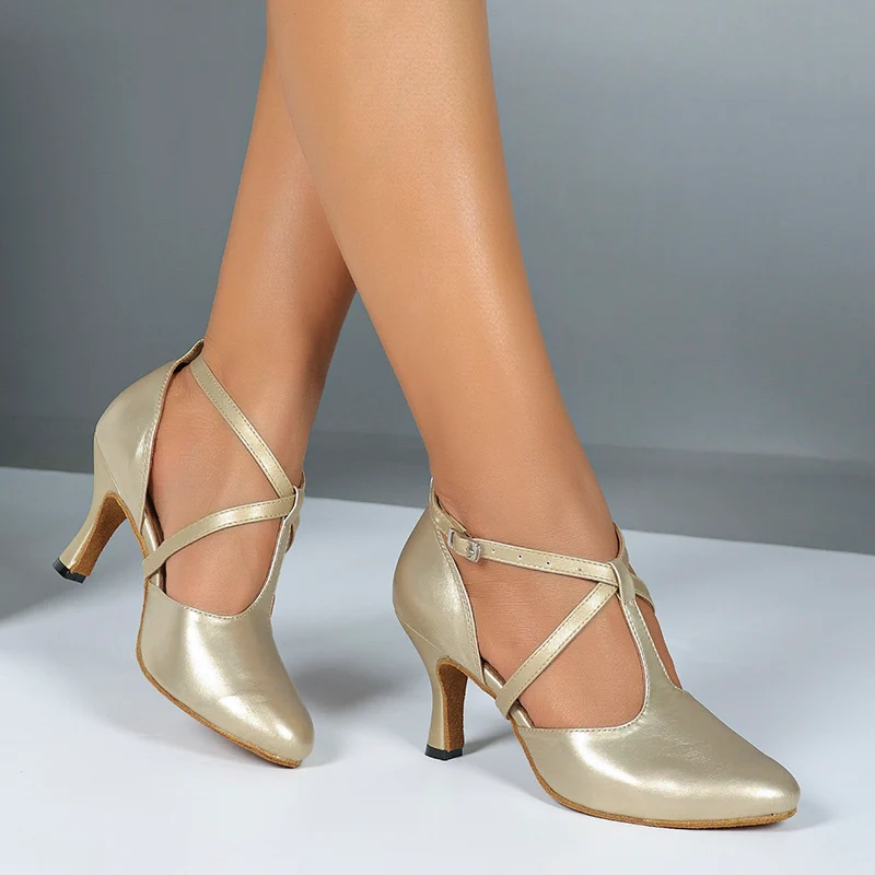 Women's Gold Leatherette Customized Heels Ballroom Dance Shoes Modern Dance Shoes
