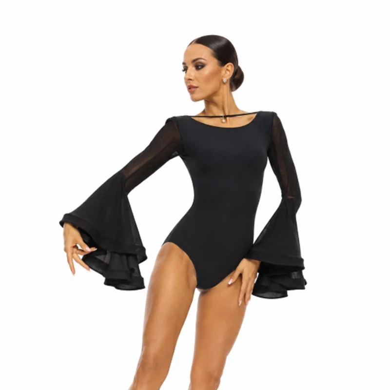 YJFY Women's Black Latin Dance Tops Dance Wear Training Performance Bodysuits